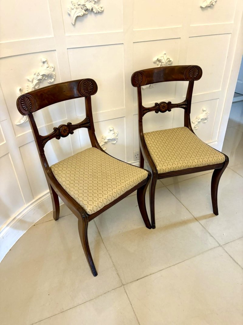 Pair of Antique Regency Carved Figured Mahogany Side Chairs - Image 2